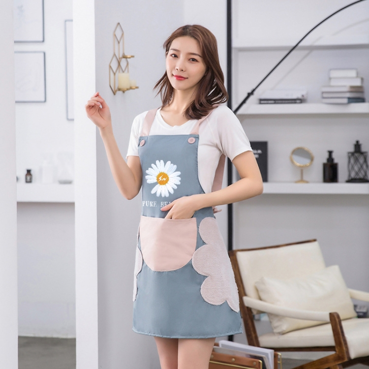 

3 PCS Household Apron Kitchen Waterproof And Oil-Proof Female Daisy Pattern Apron Strap (Blue Pink Pocket)