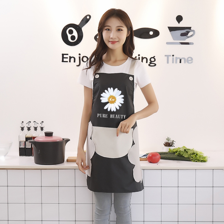 

3 PCS Household Apron Kitchen Waterproof And Oil-Proof Female Daisy Pattern Apron Strap (Black Gray Pocket)