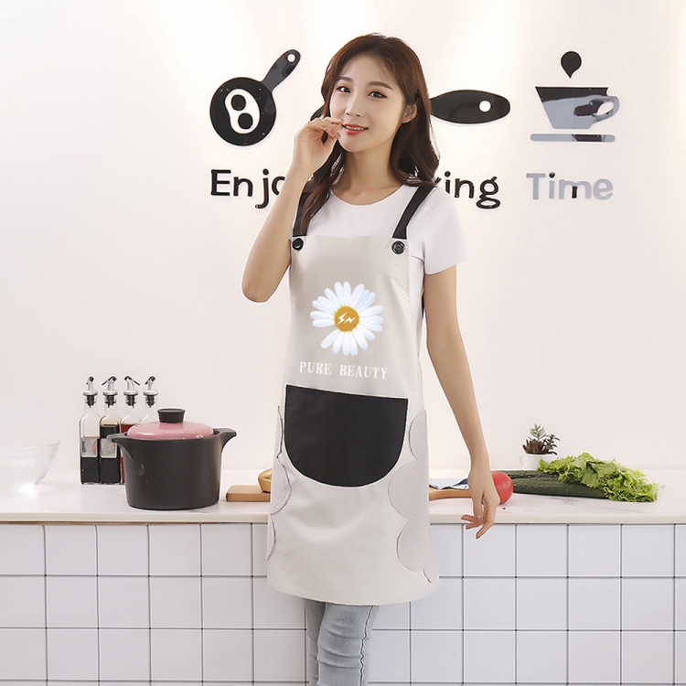 

3 PCS Household Apron Kitchen Waterproof And Oil-Proof Female Daisy Pattern Apron Strap (Gray Black Pocket)