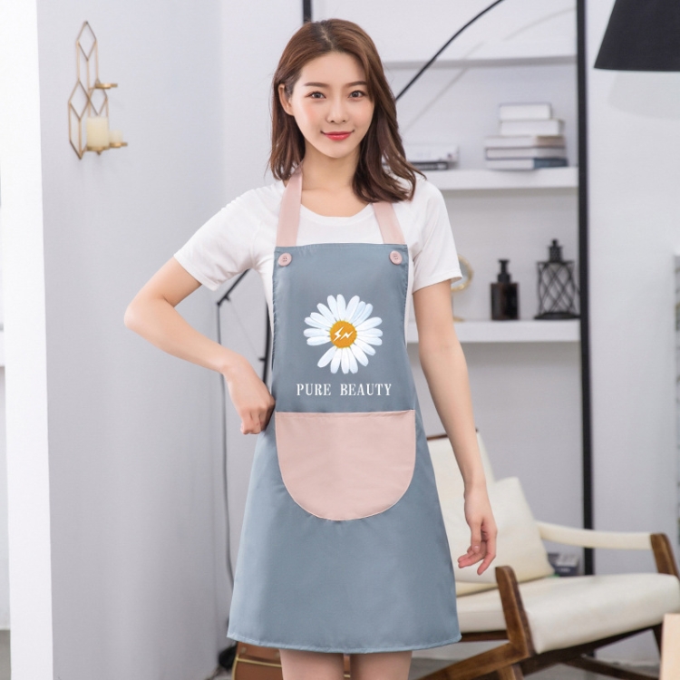 

3 PCS Household Apron Kitchen Waterproof And Oil-Proof Female Daisy Pattern Apron No Hand-wiping Function (Blue Pink Pocket)
