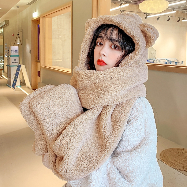 

Ladies Autumn and Winter One-piece Plush Warm Bear Hat Scarf, Size: One Size(Three-purpose (Khaki) )