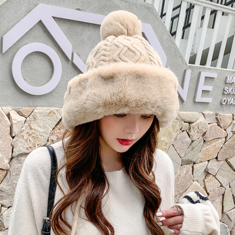 

Autumn and Winter Ladies Cotton and Cashmere Skullcap Three Fur Balls Cute Plus Velvet Thickening Pure Color Knitted Hat, Size: Free Size(Beige)