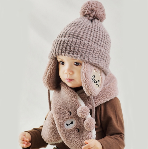 

Children Hat And Scarf Set Winter Plus Velvet Earmuffs Cartoon Warm Baby Hat, Size: Cap Circumference 44-50CM(Coffee )