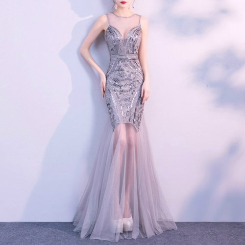 

Sequins Beading Evening Dresses Mermaid Long Formal Prom Party Dress, Size:L(Silver)