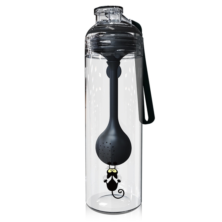 

Cartoon Cat Pattern Tea Water Separation Plastic Cup With Spoon(Black)