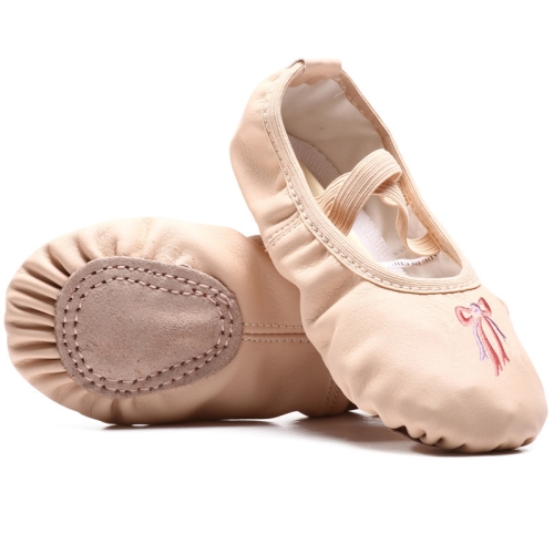 

Crystal Satin Flower Decoration Dance Shoes Soft Sole Ballet Shoes Practice Dance Shoes For Children, Size: 24(PU Flesh Pink Bow )