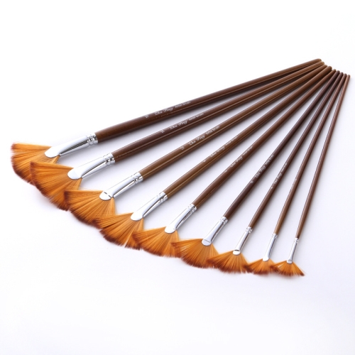 

ZHU TING 9 PCS / Set Wooden Pole Fan-Shaped Nylon Hair Paintbrush Gouache Watercolor Acrylic Oil Painting Fishtail