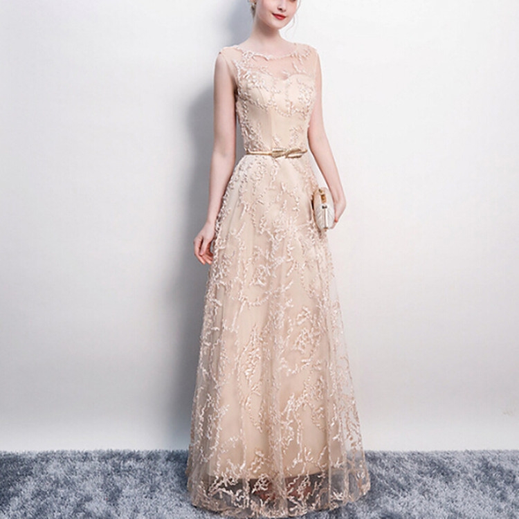 

Banquet Lace Sleeveless Long Party Formal Gown, Size:S(Champagne)