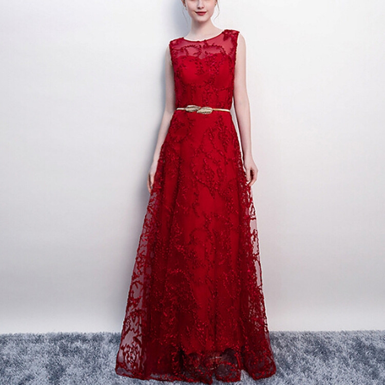 

Banquet Lace Sleeveless Long Party Formal Gown, Size:M(Wine Red)
