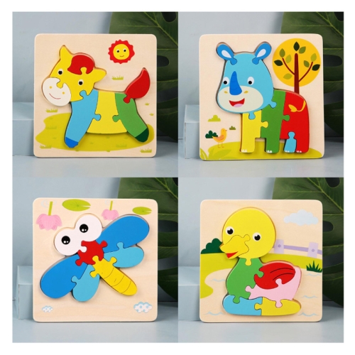 

4 PCS / Sets Of Children Early Education Three-Dimensional Wooden Animal Puzzle Toys(Duck + Dragonfly + Rhino + Pony)