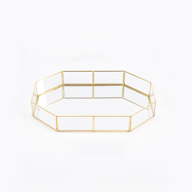 

Glass Storage Tray Golden Retro Polygon Mirror Tray Brass Desktop Cosmetics Storage Tray Polygon Small