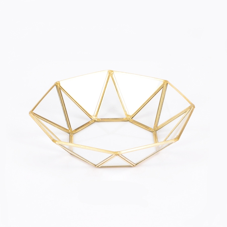 

Glass Storage Tray Golden Retro Polygon Mirror Tray Brass Desktop Cosmetics Storage Tray Octagonal Plate