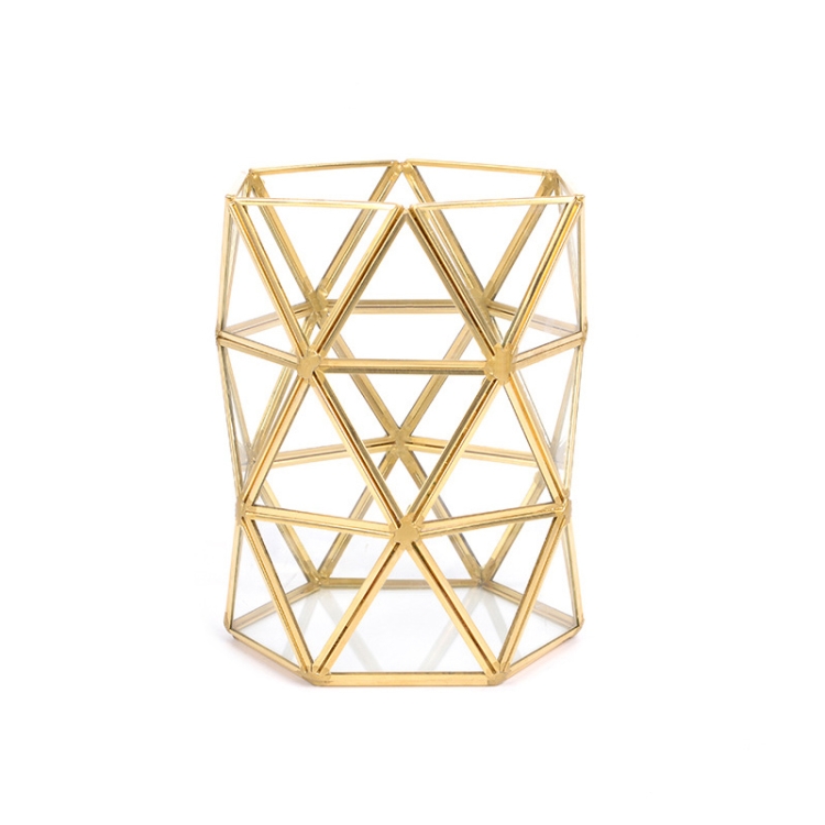 

Glass Storage Tray Golden Retro Polygon Mirror Tray Brass Desktop Cosmetics Storage Tray Beauty Brush Bucket