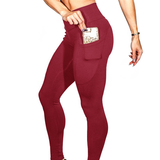 

Yoga Pants With Pockets Women Sport Leggings Jogging Workout Running Leggings Stretch High Elastic Gym Tights Women Legging L(Red)