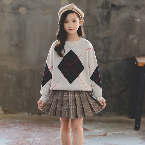 

Middle Large Children Thick Pullover Badger Sweater + Coffee Pleated Skirt Set, Appropriate Height: 110cm