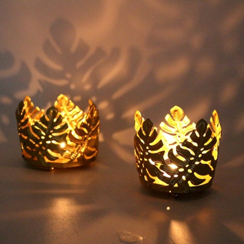 

2 PCS Wrought Iron Candle Holder Home Living Room Desktop Candlelight Dinner Props Leaf Ornament, Size: Small(Gold)
