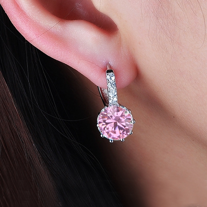 

925 Sterling Silver Women Shiny Shape Micro-inserts Zircon Earrings(Pink)