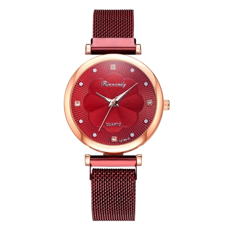 

Ladies Magnet Buckle Watch Casual Flower Dial Watch Alloy Mesh Quartz Watch(Red)