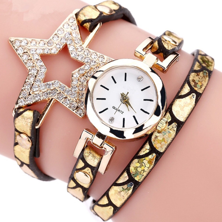 

3 PCS Ladies Five-pointed Star Bright Leather Belt Quartz Watch Bracelet Watch(Golden)