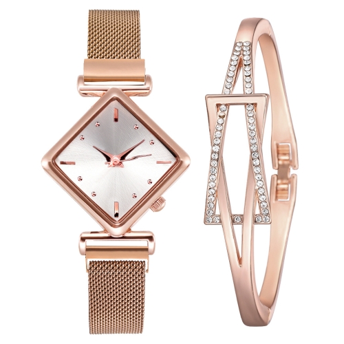 

2 PCS Ladies Diamond Dial Quartz Watch, Colour: Rose Gold White + Bracelet