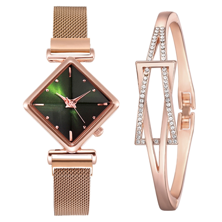 

2 PCS Ladies Diamond Dial Quartz Watch, Colour: Rose Gold Green + Bracelet