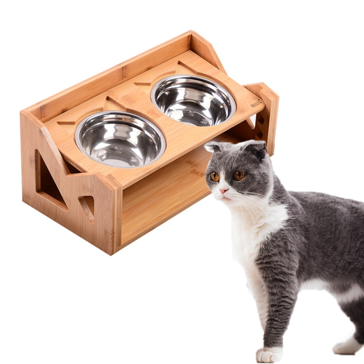 

Bamboo Wood Lifting Cat Dining Table Adjustable Height Inclined Cat Bowl, Specification: Upgrade Stainless Steel Bowl