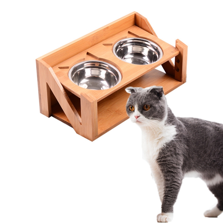 

Bamboo Wood Lifting Cat Dining Table Adjustable Height Inclined Cat Bowl, Specification: N Bowl Stainless Steel Bowl