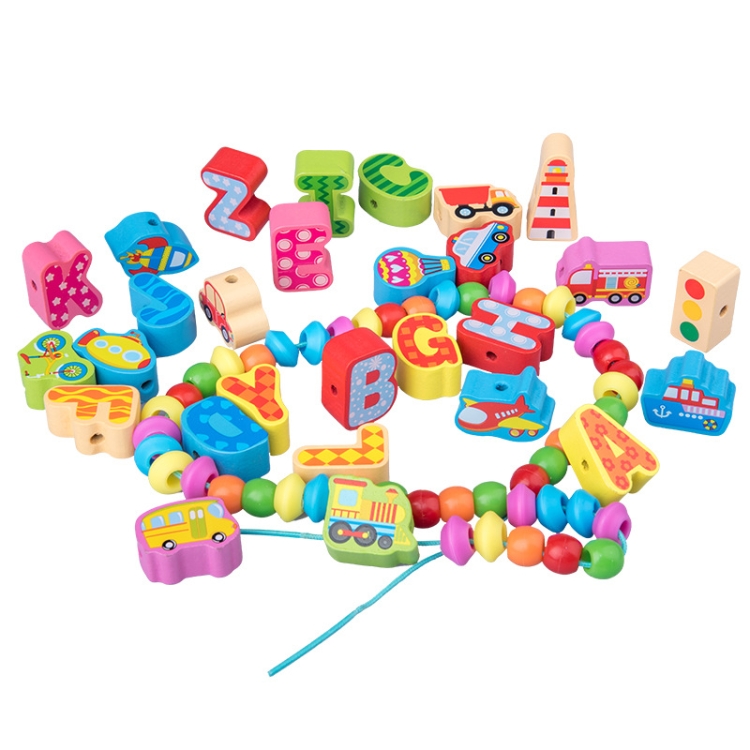 

100 PCS / Set Letter+Traffic Children Stringing Threading Toys Early Education Cognitive Wooden Beads