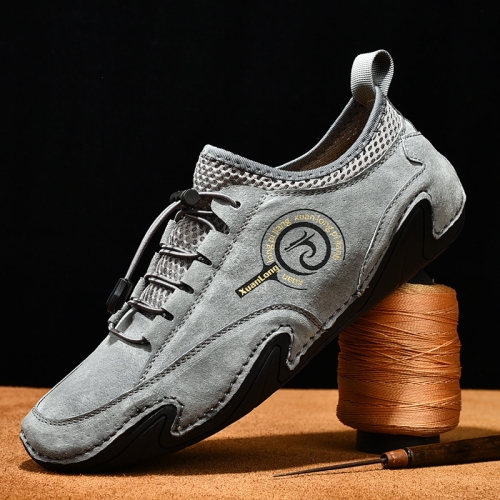 

Spring And Summer Men Casual Breathable Peas Shoes Leather Pigskin Lazy Sneakers, Size: 42(Gray)