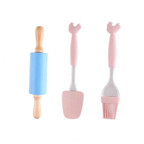 

3 in 1 Silicone Baking Set DIY Plastic Rooster Handle Scraper Barbecue Brush Rolling Pin Set