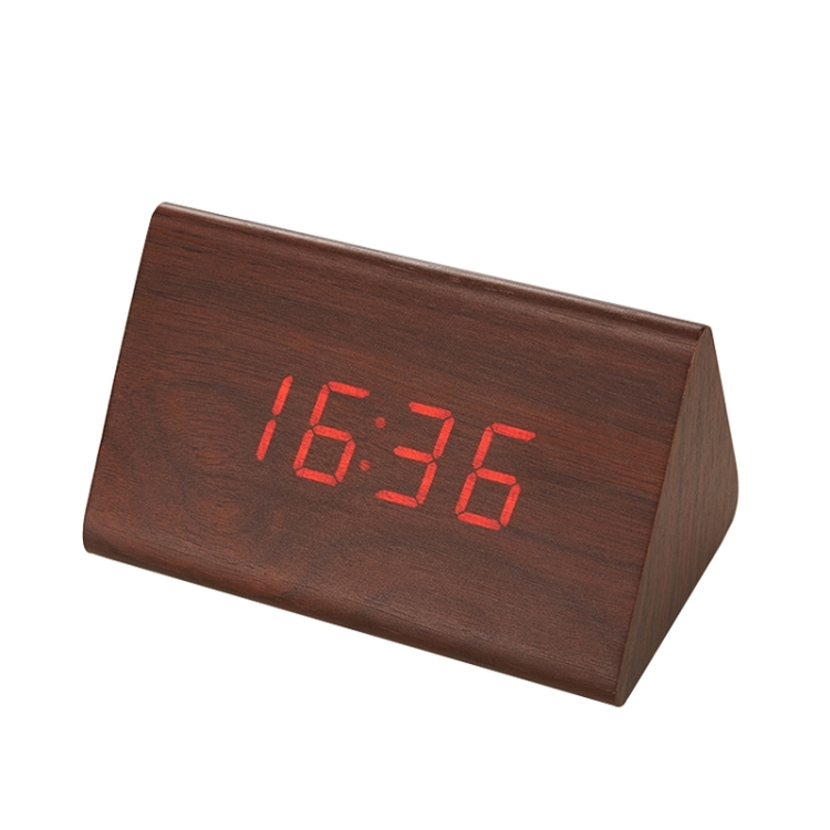 

Mute Luminous Electronic Clock Wooden Sound Control Small Triangle Alarm Clock Brown Wood Red Light
