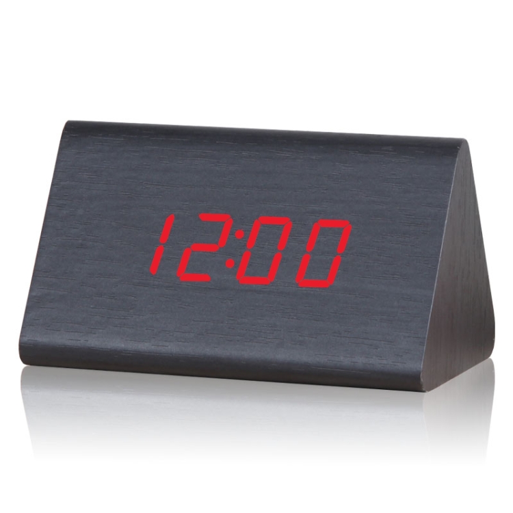 

Mute Luminous Electronic Clock Wooden Sound Control Small Triangle Alarm Clock Black Wood Red Light