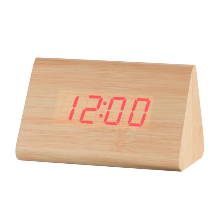 

Mute Luminous Electronic Clock Wooden Sound Control Small Triangle Alarm Clock Wood Color Red Light