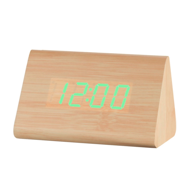 

Mute Luminous Electronic Clock Wooden Sound Control Small Triangle Alarm Clock Wood Color Green Light