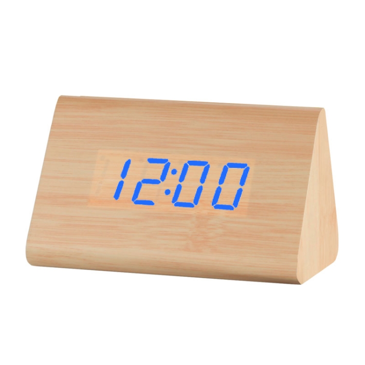 

Mute Luminous Electronic Clock Wooden Sound Control Small Triangle Alarm Clock Wood Color Blue Light