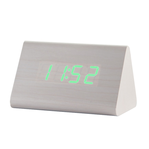 

Mute Luminous Electronic Clock Wooden Sound Control Small Triangle Alarm Clock White Wood Green Light