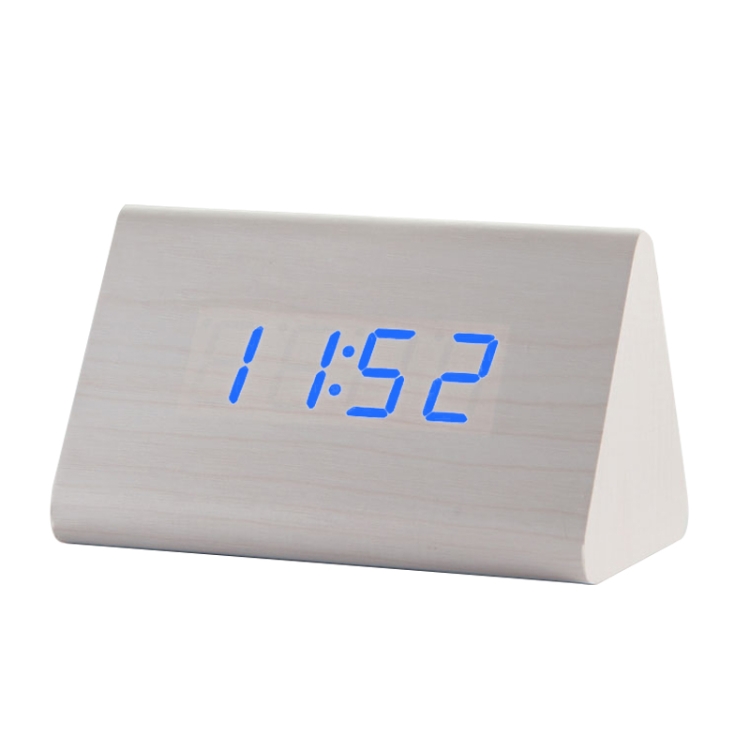 

Mute Luminous Electronic Clock Wooden Sound Control Small Triangle Alarm Clock White Wood Blue Light