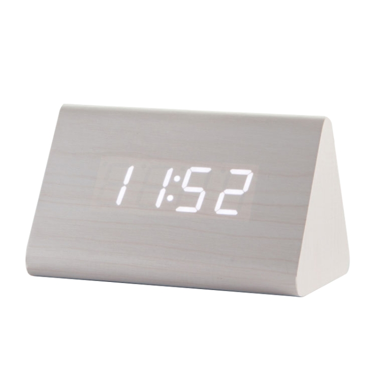 

Mute Luminous Electronic Clock Wooden Sound Control Small Triangle Alarm Clock White Wood White Light