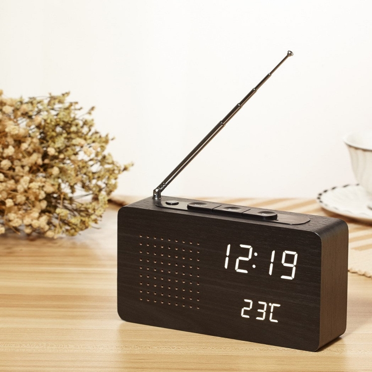 

Dotted Black Wood White Light Multifunctional Retro Radio Wooden Alarm Clock Mute Electronic Clock