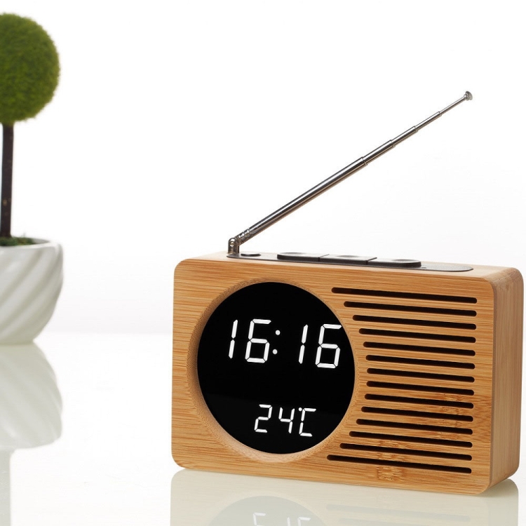 

Horizontal Strip Bamboo Mirror White Lamp Multifunctional Retro Radio Wooden Alarm Clock Mute Electronic Clock