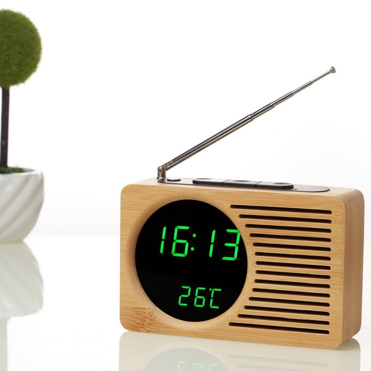 

Horizontal Strip Bamboo Mirror Green Light Multifunctional Retro Radio Wooden Alarm Clock Mute Electronic Clock