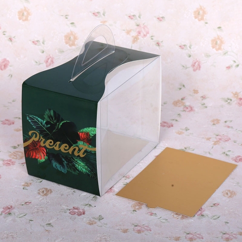 

50 Pieces Set Portable Transparent Pieces Cake Box Mousse Pastry Packaging Box, Colour: Small Dark Green Leaves (With Tray)