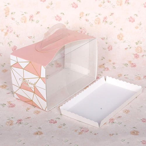 

50 Pieces Set Portable Transparent Pieces Cake Box Mousse Pastry Packaging Box, Colour: Large Pink Geometric (With Tray)