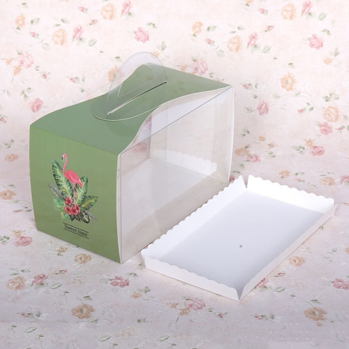 

50 Pieces Set Portable Transparent Pieces Cake Box Mousse Pastry Packaging Box, Colour: Large Green Flamingos (With Tray)