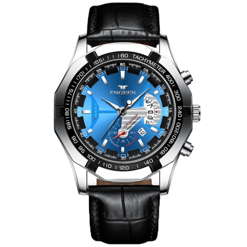 

FNGEEN S001 Men Waterproof Watch Non-Mechanical Calendar Watch(Black Leather White Steel Blue Surface)