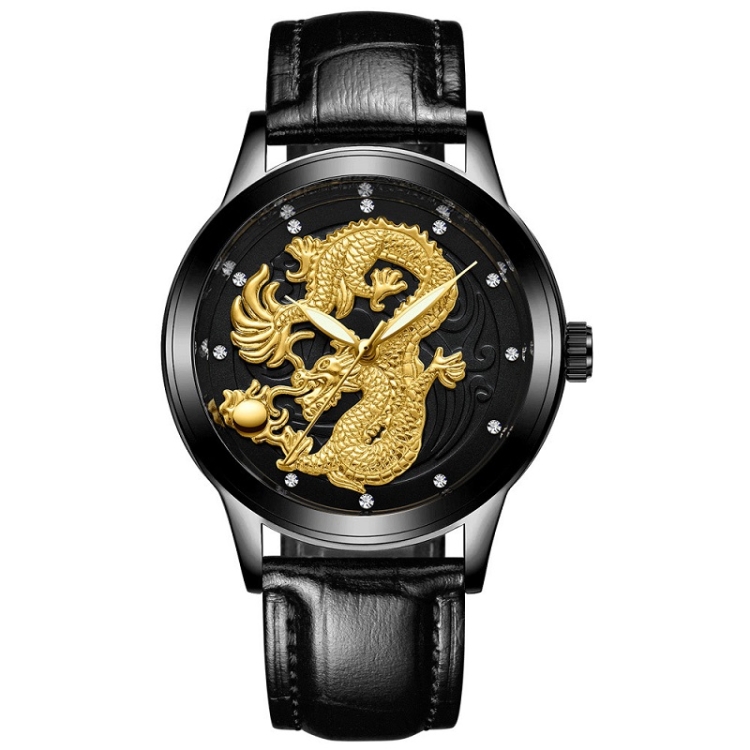 

FNGEEN S666 Waterproof Luminous Non-Mechanical Watch Quartz Ultra-Thin Dragon Or Phoenix Pattern Couple Watch((Dragon Watch) Black Leather All Black )