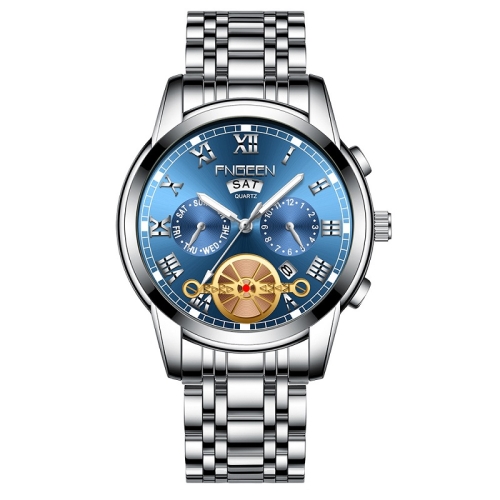 

FNGEEN 4001 Men Non-Mechanical Watch Multi-Function Quartz Watch, Colour: White Steel Blue Surface