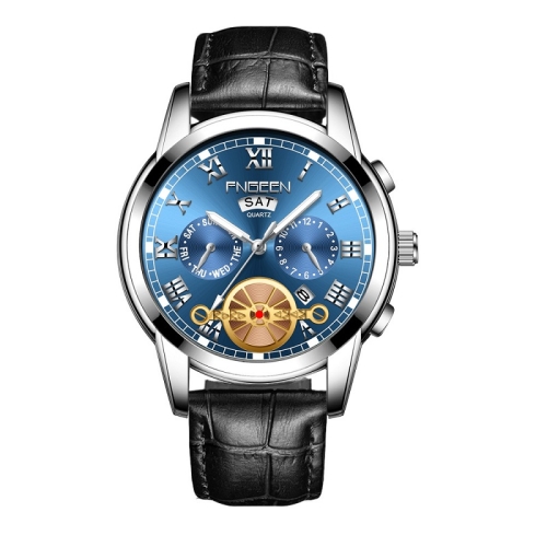 

FNGEEN 4001 Men Non-Mechanical Watch Multi-Function Quartz Watch, Colour: Black Leather White Steel Blue Surface