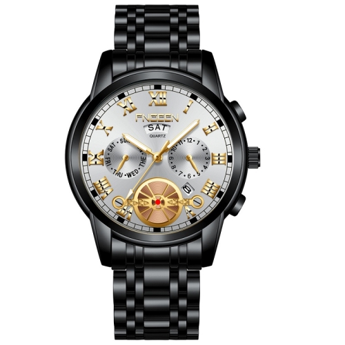 

FNGEEN 4001 Men Non-Mechanical Watch Multi-Function Quartz Watch, Colour: Black Steel White Surface Gold Nails