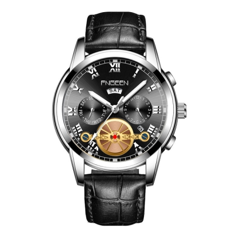 

FNGEEN 4001 Men Non-Mechanical Watch Multi-Function Quartz Watch, Colour: Black leather White Steel Black Surface